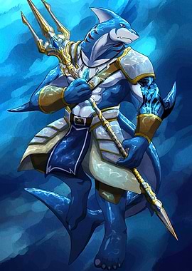 Shark Warrior with Trident in Blue Depths