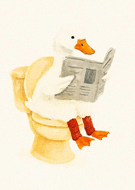 Duck Reading Newspaper on Toilet