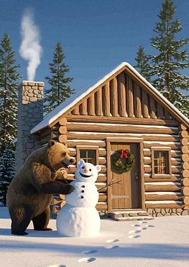 Bear building a snowman in winter