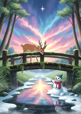 Winter Landscape with Deer and Snowman