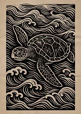 Sea Turtle Linocut Art Vintage