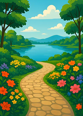 Cartoon Landscape with Stone Path and Lake