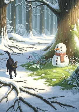 Winter Forest Scene with Cat and Snowman