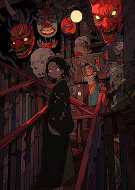 Girl on Stairs with Masks
