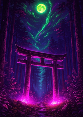 Neon Torii Gate in Forest at Night