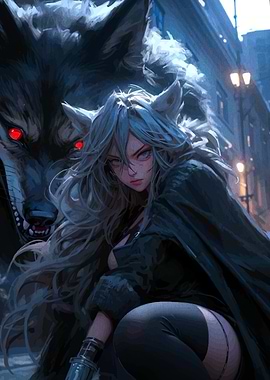 Wolf Girl and Companion in Cityscape