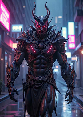 Cyberpunk Devil in Rainy Cityscape