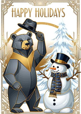 Happy Holidays Bear and Snowman Art