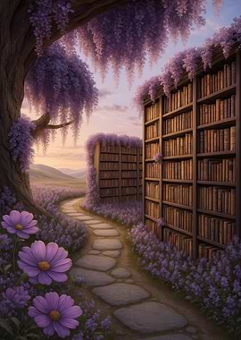 Enchanted Library Path with Wisteria Flowers
