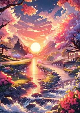 Japanese Landscape with Cherry Blossoms