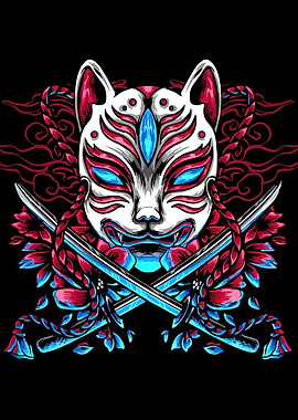 Kitsune Mask with Swords Illustration
