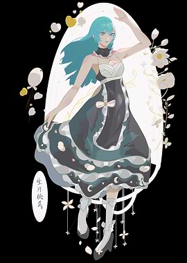 Anime Girl in Dress with Moon Pattern
