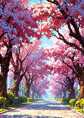 Cherry Blossom Tree-Lined Street