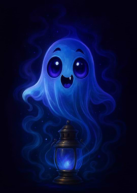 Cute Blue Ghost with Lantern
