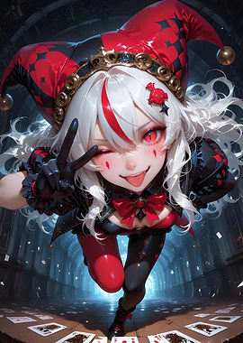 Anime Jester Girl with Playing Cards
