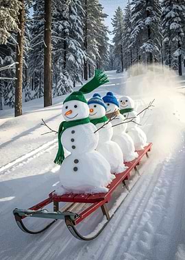 Snowmen Sledding in Winter Wonderland