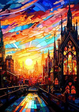 Stained Glass Cityscape at Sunset
