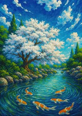 Koi Pond with Cherry Blossom Tree
