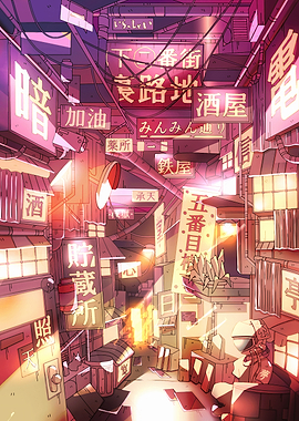Neon-lit Japanese Alleyway Digital Art