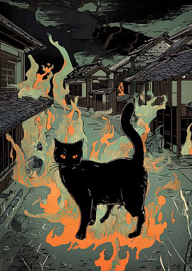Black Cat in Burning Japanese Village