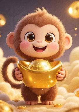 Cute Monkey Holding Golden Ingot