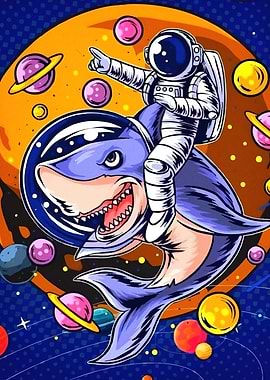 Astronaut riding shark space