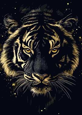 Golden Tiger Portrait on Black Background