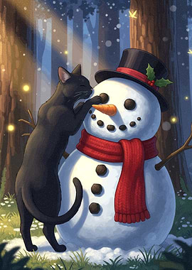 Black Cat Building a Snowman