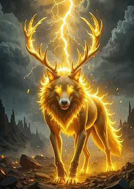 Golden Wolf with Antlers