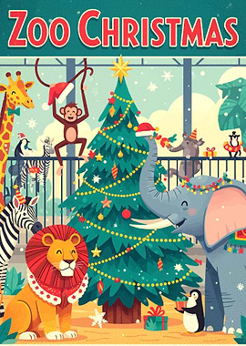 Zoo Christmas with Animals and Tree