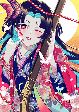 Anime Girl with Rifle and Butterflies