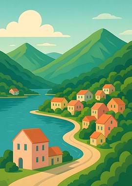 Coastal Village Landscape Illustration