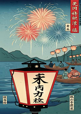 Ukiyo Japanese landscape Fireworks Festival Nature Posters