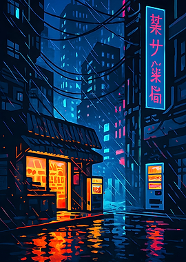 Rainy Neon Cityscape at Night