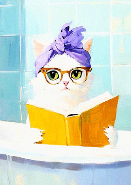 Cat Reading in Bathtub Painting