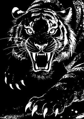 Roaring Tiger Black and White Illustration