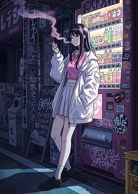 Anime Girl Smoking by Vending Machine