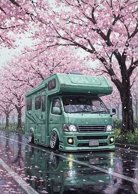 Green Camper Van Under Cherry Blossoms