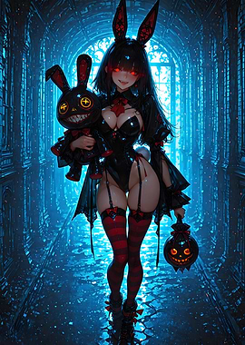 Gothic Anime Girl with Bunny and Pumpkin