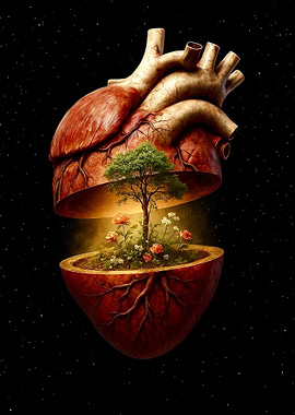 Heart of Life – Surreal Anatomical Heart Opening to Reveal a Tree and Blooming Flowers in Space