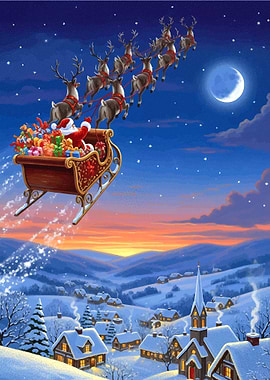 Santa's Sleigh Over Snowy Village