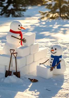 Snowmen Building an Igloo in Winter