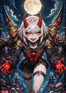 Anime Demon Girl with Golden Guardians