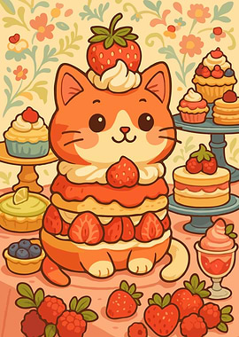 Strawberry Cat Cake Cartoon Illustration Art