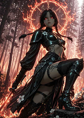 Dark Warrior Woman with Fiery Aura