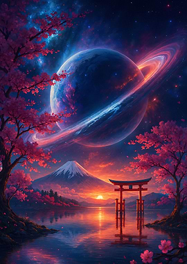 Japanese Landscape with Planet and Torii Gate