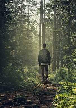 Man hiking through a misty forest