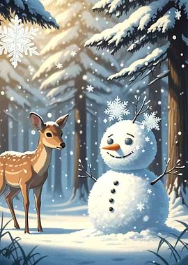 Deer and Snowman in Winter Forest