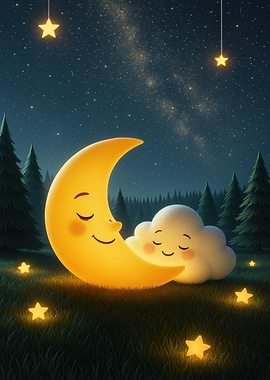 Sleeping Moon and Cloud Illustration