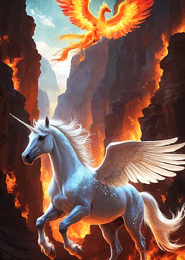 Unicorn Phoenix Fiery Landscape